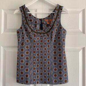 Tory Burch Navy/Brown/White Hexagon Print Sleeveless Top - Size 6